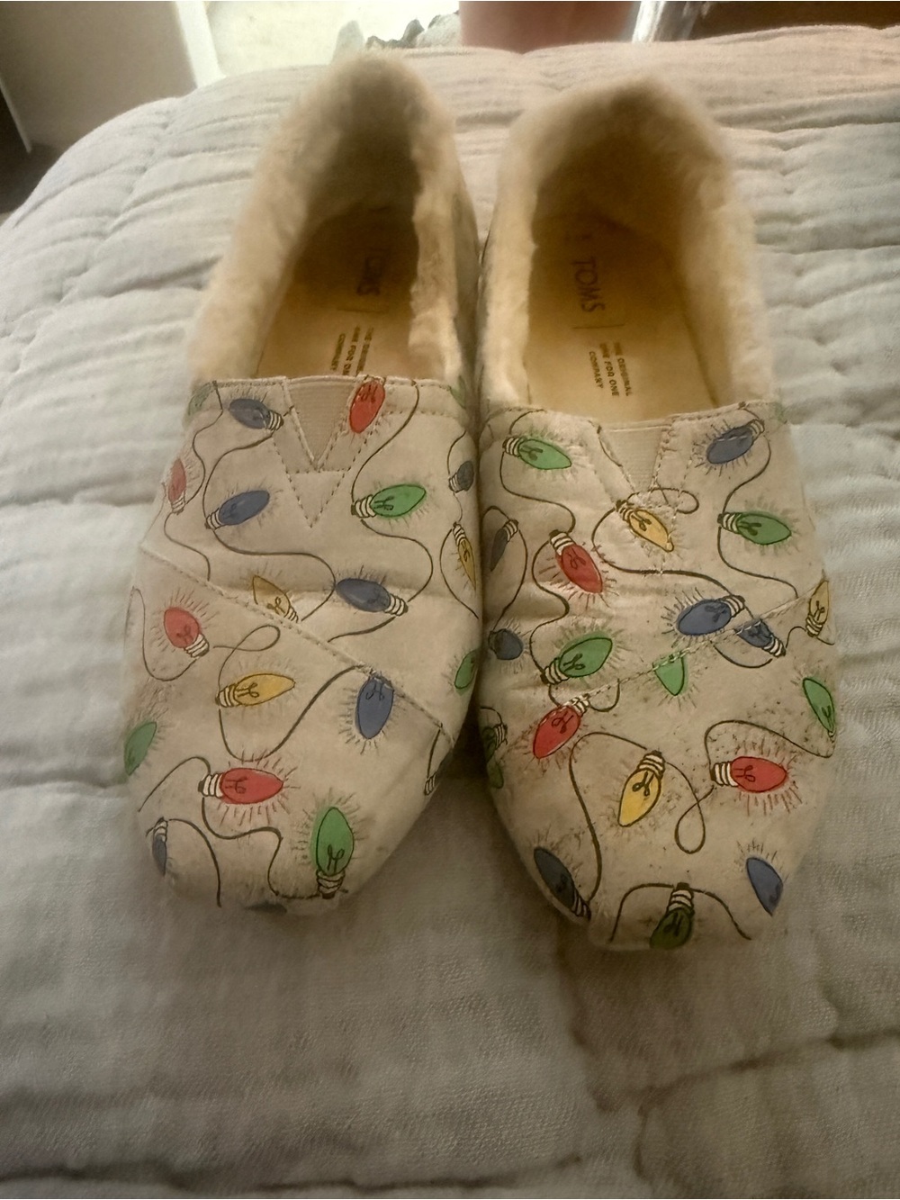 EUC w/ Box TOMS Grey Slip-On Shoes with Colorful Light Bulb Print